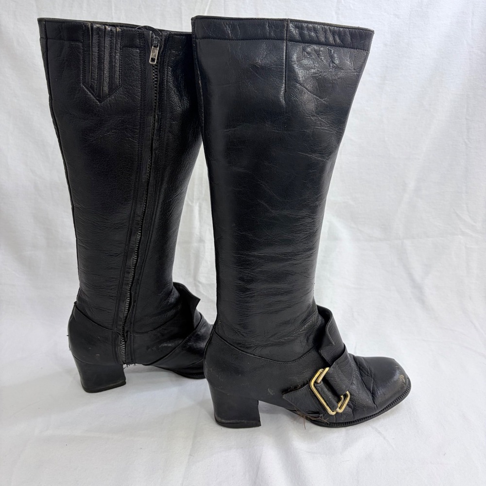 VTG Giusti Russell & Bromley Boots Knee High Buckle Black Leather Made in Italy